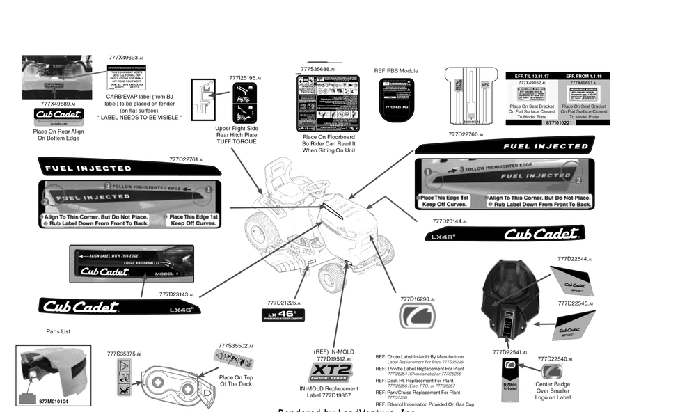 Label Map Diagram and Parts List for XT2-LX46EFI (13AZA1CN210)(2018) Cub Cadet Lawn Tractor
